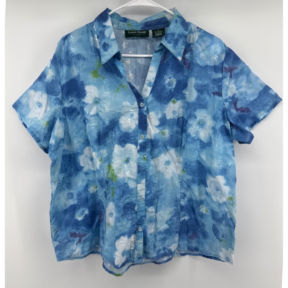Lemon Grass Studio Blue Floral Eyelet Crinkle Short Sleeve Button Blouse XL